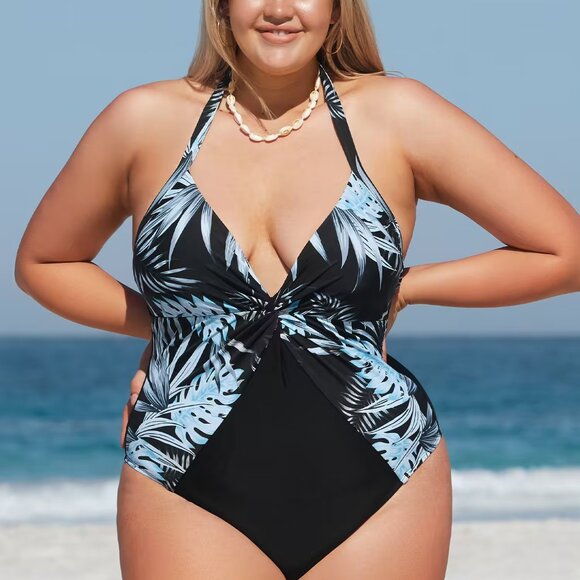 Digital Leaves Plunge Twist Halter Plus Size One Piece Swimsuit Size 1X | NWT - Picture 1 of 4